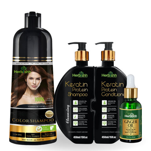 Combo Pack : Color Shampoo, Keratin Set, and Ginger Oil - Herbishh Hair Dye.