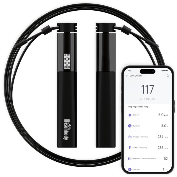 Bisonbody Smart Jump Rope |  Digital Skipping Rope | 2 Modes of Use: Rope and Cordless Balls, Jump Counter and Duration Tracker, Rechargeable, 3 Meters Rope, Smartphone App Connection via Bluetooth