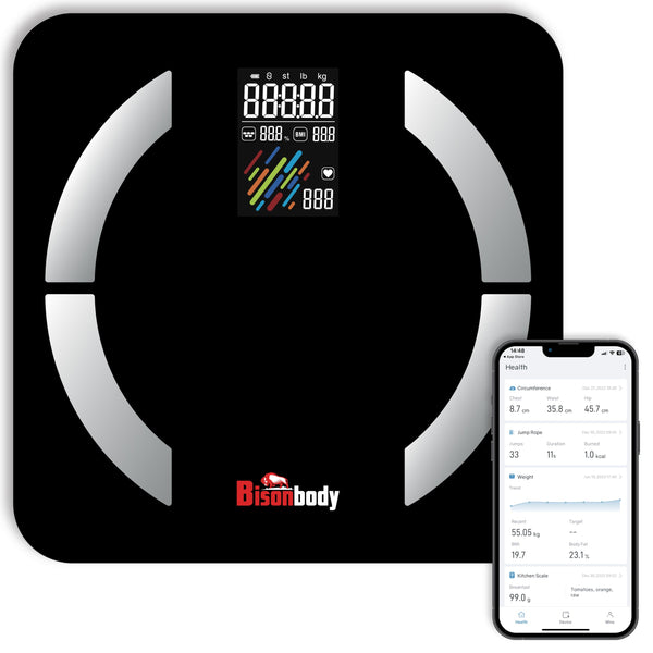 Bisonbody Smart Digital Scale for Body Weight and Fat Percentage, 22 Body Composition Data Detection, Durable Tempered Glass, 4 Electrodes Sensors, Large Colorful Display, Smartphone App Connection